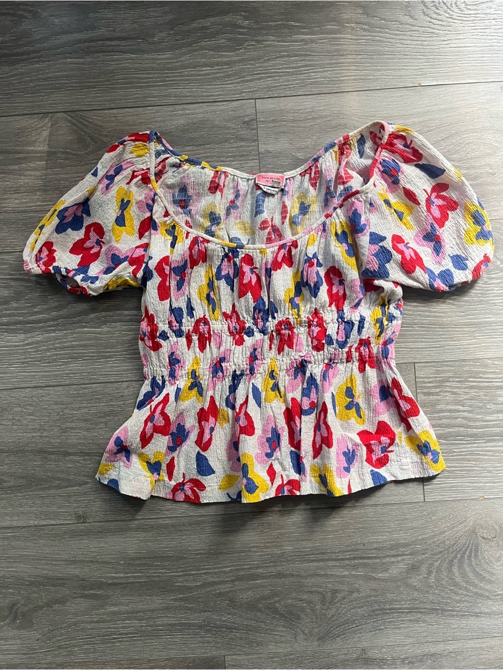 Kate Spade White Blue Floral Smocked Scoop Neck Puff Sleeve Cotton Blouse Size M